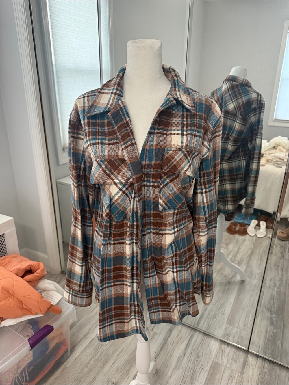 Aritzia Plaid Flannel in Brown, Teal & Cream